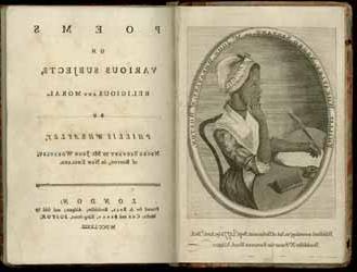<p>Double-page spread of a book featuring a black and white illustration of a Black woman sitting at a desk, holding a quill to a piece of paper with one hand and holding the other hand to her chin as if thinking of w帽子。 to write. She wears a white bonnet and a dress with a white collar. The other page shown in the image features black and white text.</p>