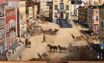 一幅装裱好的画，画中有许多人、马车和马车